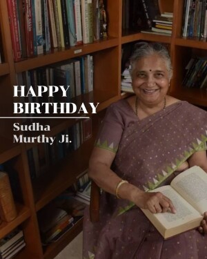 Portrait of Sudha Murthy with a birthday greeting
