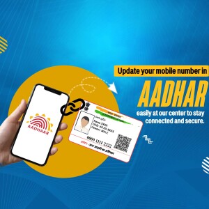 Image showing a mobile phone and Aadhaar card with text promoting mobile number update.