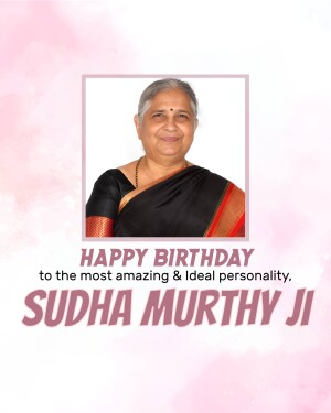 Portrait of Sudha Murthy with a birthday greeting