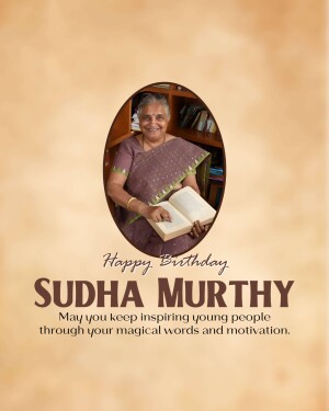 Portrait of Sudha Murthy with a birthday message