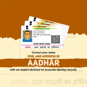Image of an Aadhaar card with text promoting correction services for name, DOB, and address.