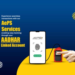 Mobile phone displaying AEPS app with fingerprint scan for secure transactions