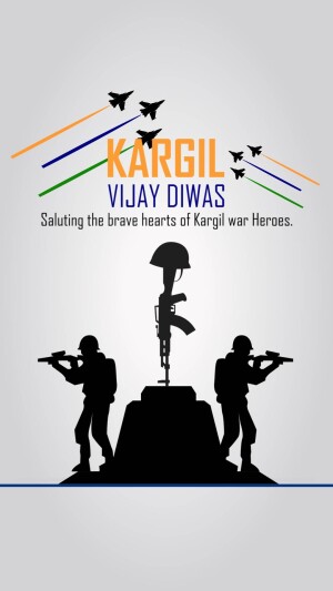Kargil Vijay Diwas tribute image with soldiers and fighter jets.