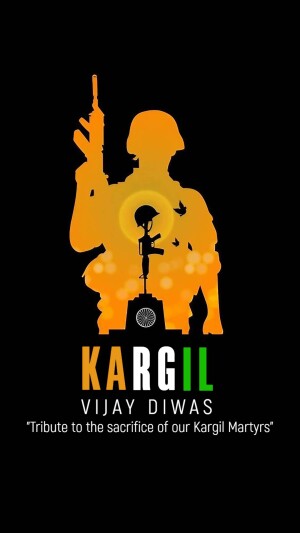Silhouette of a soldier with a helmet and rifle against a backdrop of the Indian flag and a memorial, with the text 'Kargil Vijay Diwas'