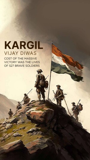 Illustration depicting Indian soldiers with the Indian flag, commemorating Kargil Vijay Diwas.