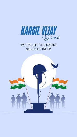 Kargil Vijay Diwas commemorative image with a helmet and Indian flags.