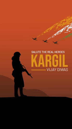 Silhouette of a soldier with fighter jets and text 'Kargil Vijay Diwas'