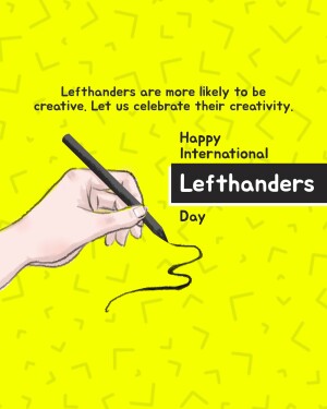 Illustration of a left hand writing with a pen on a yellow background with text celebrating International Lefthanders Day.