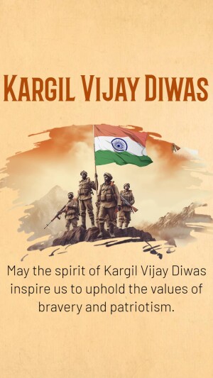 Indian soldiers with the national flag on a mountain backdrop, commemorating Kargil Vijay Diwas.