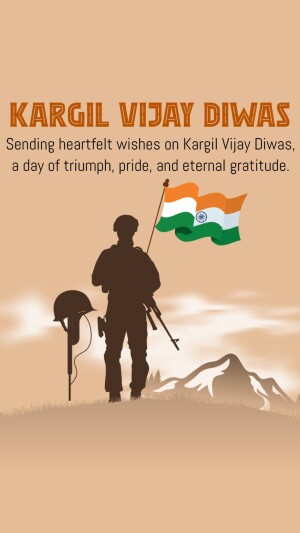 Silhouette of a soldier with the Indian flag against a mountain backdrop, commemorating Kargil Vijay Diwas.