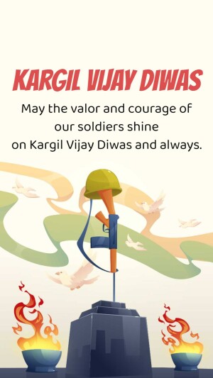Kargil Vijay Diwas tribute with helmet, rifle, and doves