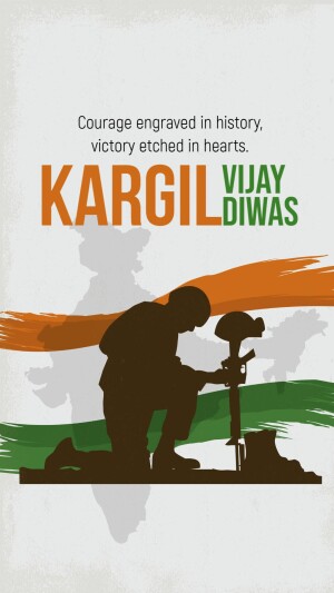 Silhouette of a soldier kneeling before a memorial with the Indian flag and text 'Kargil Vijay Diwas'