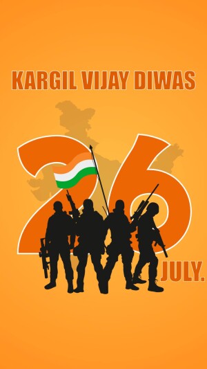 Kargil Vijay Diwas commemoration with soldiers silhouette and Indian flag