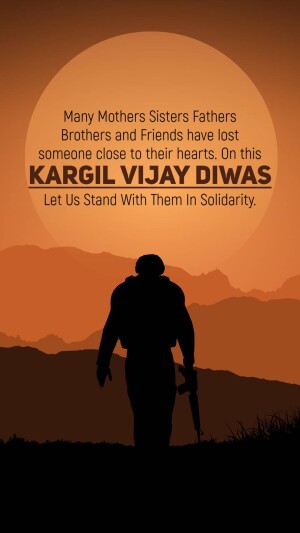Silhouette of a soldier against a sunset with text commemorating Kargil Vijay Diwas.