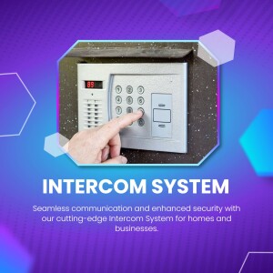 Hand pressing button on an intercom system with a digital display.
