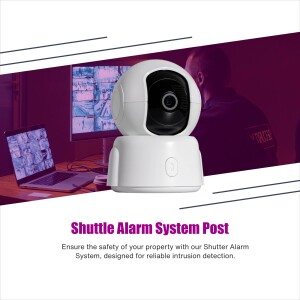 White smart security camera with laptop in background
