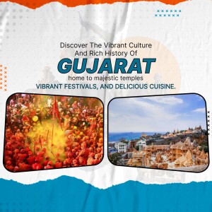 Gujarat Tourism Poster with Temples and Coastal Views