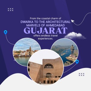 Gujarat travel poster featuring coastal scenes and Ahmedabad architecture.