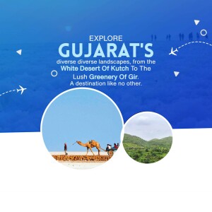 Gujarat tourism promotional image featuring the White Desert and Gir forest.