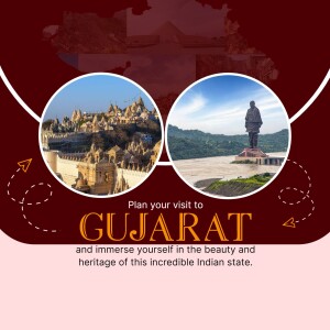 Gujarat Tourism Poster featuring Chittorgarh Fort and Statue of Unity