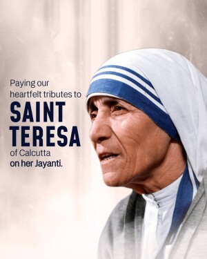 Portrait of Saint Teresa with text honoring her Jayanti