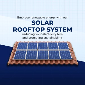 Image of a rooftop solar panel system with text promoting renewable energy and reduced electricity bills.