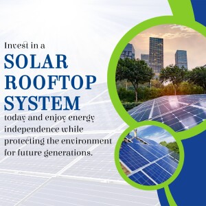 Advertisement for a solar rooftop system with a city skyline background.