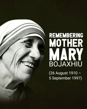 Portrait of Mother Teresa with text commemorating her life