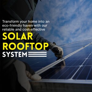 A worker installing solar panels on a rooftop with text promoting solar energy.