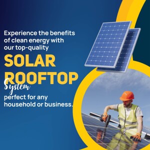 A promotional image for a solar rooftop system, featuring a worker installing solar panels.