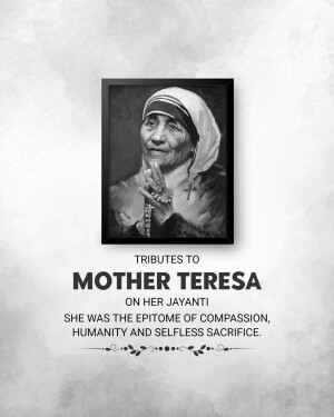 Portrait of Mother Teresa with text commemorating her Jayanti