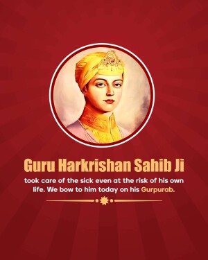 Portrait of Guru Harkrishan Sahib Ji with a red background and text