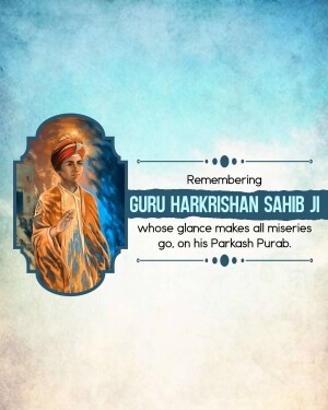Portrait of Guru Harkrishan Sahib Ji with a quote about his compassion.