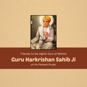 Portrait of Guru Harkrishan Sahib Ji with text commemorating Prakash Purab