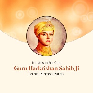 Portrait of Guru Harkrishan Sahib Ji with text 'Tributes to Bal Guru Guru Harkrishan Sahib Ji on his Prakash Purab'