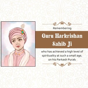 Portrait of Guru Harkrishan Sahib Ji with text commemorating his Parkash Purab