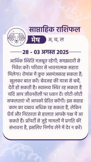 Aries horoscope for August 28 - September 3, 2025 with astrological symbols and text in Hindi.