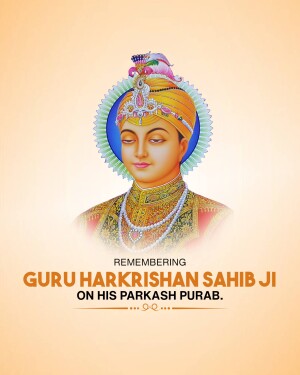Portrait of Guru Harkrishan Sahib Ji with text commemorating his Parkash Purab