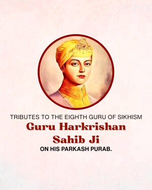 Portrait of Guru Harkrishan Sahib Ji with text commemorating his Parkash Purab