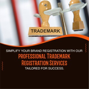 Trademark stamp with text 'TRADEMARK' and promotional text about trademark registration services.