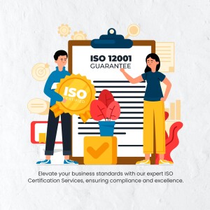 Illustration of people with ISO 12001 certification and guarantee badge.