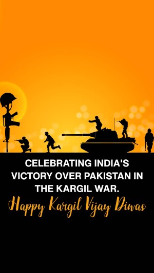 Silhouette of soldiers and a tank against a sunset backdrop with text celebrating India's victory in the Kargil War.