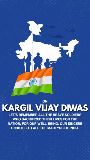 Image commemorating Kargil Vijay Diwas with the Indian flag and silhouette of soldiers.