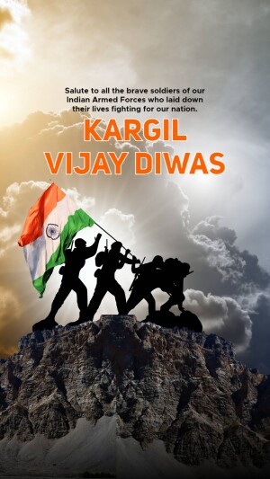 Image commemorating Kargil Vijay Diwas with soldiers silhouetted against a cloudy sky and the Indian flag.