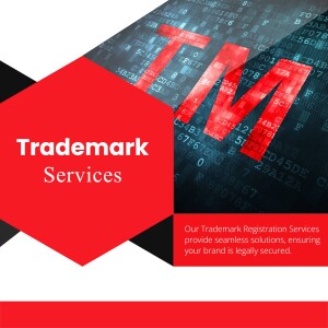 Trademark Services advertisement with binary code background and red geometric shapes.