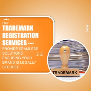 Image advertising trademark registration services with a stamp and legal documents.