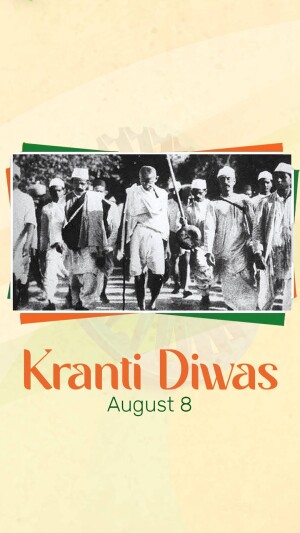Black and white image of Mahatma Gandhi leading the Dandi March with the text 'Krant Diwas' and 'August 8'