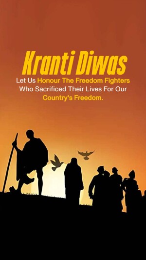 Silhouette of Mahatma Gandhi and freedom fighters against a sunset backdrop with the text 'Kranti Diwas'