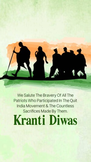 Silhouette of Mahatma Gandhi leading a march with followers against a tricolor background.