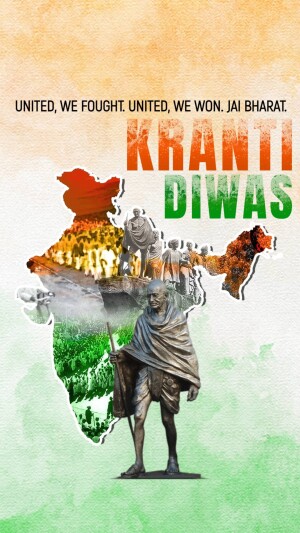 Image depicting Kranti Diwas with the map of India, Mahatma Gandhi, and a crowd of people.